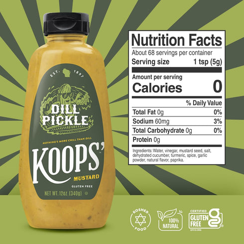 12 oz (Pack 4) Koops' Dill Pickle Mustard - Dill Mustard Spread, Flavored Condiment and Dip for Dressing, Sandwich