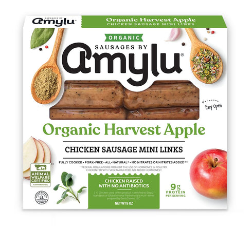 Amylu Foods Organic Harvest Apple Breakfast Sausages, Natural Ingredients, 9g of Protein,