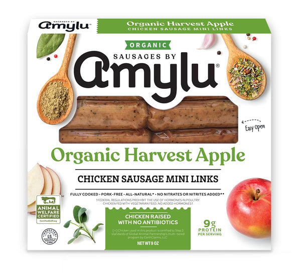 Amylu Foods Organic Harvest Apple Breakfast Sausages, Natural Ingredients, 9g of Protein,