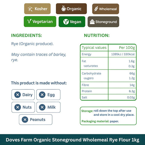2.2 lb (1 Doves Farm Organic Stoneground Wholemeal Rye Flour kg) - High Fiber Ancient Whole Grain Dark Rye Flour