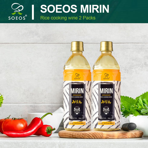 Soeos Mirin Japanese Cooking Wine, 16.9 fl oz (Pack of 2) - Authentic Natural Sugar Sweet Rice Cooking Wine for