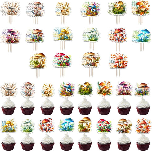 48 Sleyberoy Mushroom Cake Toppers - Pcs Primitive Forest Theme Party Supplies for Baby Baptism, Birthday, Anniversary