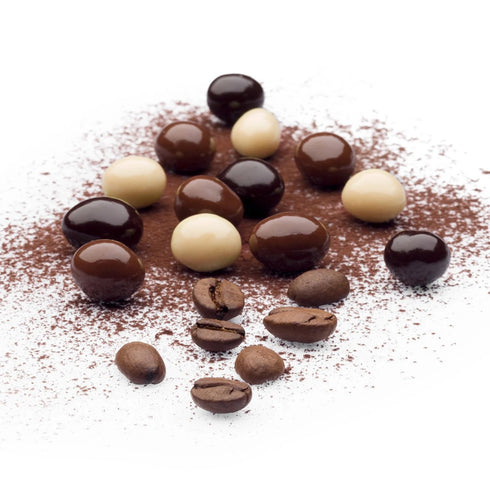 4.4 Oz, UNIQBITE Chocolate Covered Coffee Beans, Mixed Chocolate Dragees with Whole Roasted Coffee, White-Dark-Milk