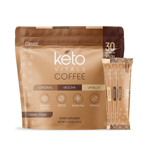 Keto Vitals Instant Keto Coffee Powder - Low-Calorie Sweetened Coffee Packets in Original, Vanilla, & Mocha Flavors -