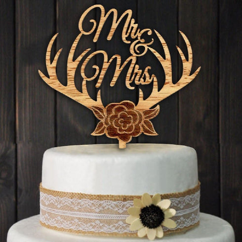 Mr and Mrs Cake Toppers – Rustic Flower Tree Wood Wedding Party Engagement Decoration