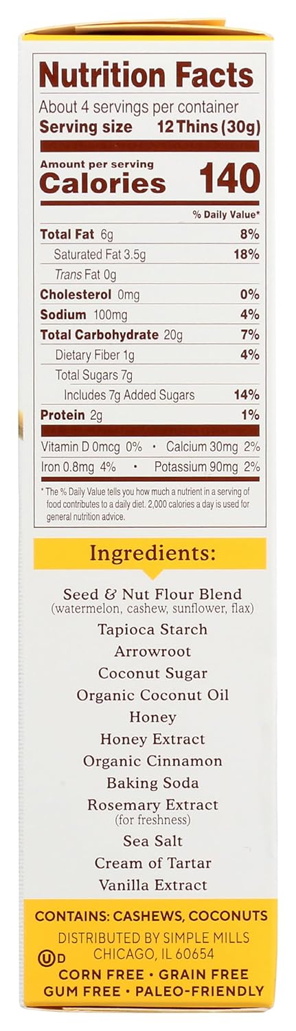 4.25oz, Pack 1 Simple Mills Honey Cinnamon Seed & Nut Flour Sweet Thins, Paleo Friendly & Delicious Sweet Thin Cookies