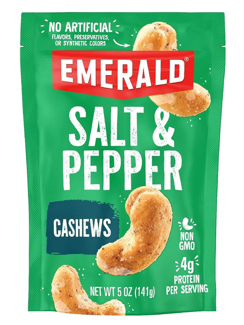 Salt and Pepper Seasoned Cashews Emerald Nuts (1-Pack), 5oz Resealable Bag, Kosher Certified