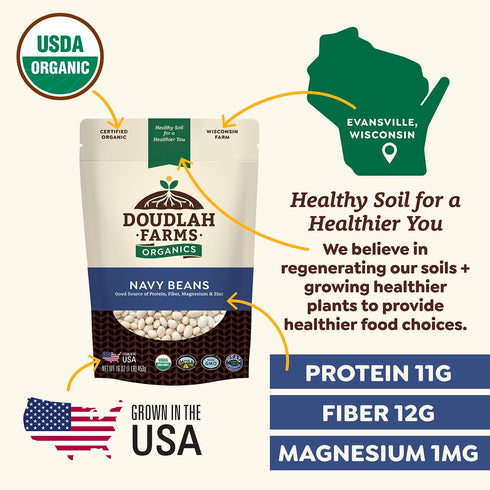 1 lb Organic Navy Beans - Non-GMO, USDA Organic, Tested Clean Certified, Vegan - Rich in Fiber & Protein for Soups
