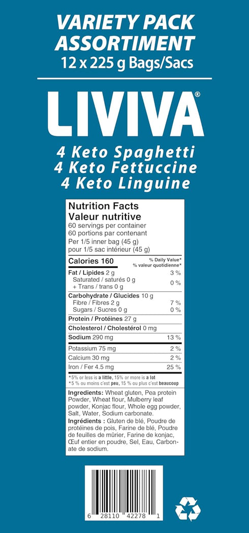 Pack 12: 4 4 4 371% 70% Mulberry LIVIVA High Protein Low Carb KETO Pasta Variety Value (Case of X Linguine, X