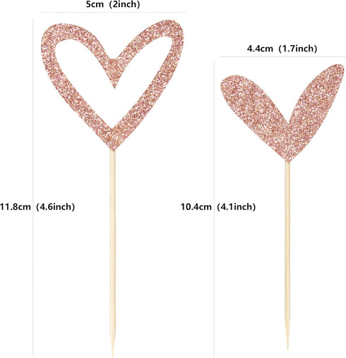 24 PCS Rose Gold Glitter Heart Cupcake Toppers, Cute Design for Wedding, Bridal, Anniversary Party Decorations