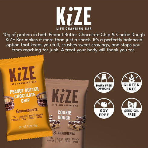 20-Count 10g (20 Count) KiZE Energy Bars - Peanut Butter Chocolate Chip & Cookie Dough Bundle - - Gluten Free, Dairy