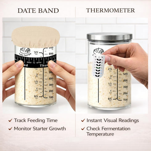 KitchenPal 34Oz Sourdough Starter Jar Kit with Date Band, Thermometer & Wooden Spurtle Glass Sourdough Starter