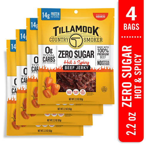 Country 2.2 (Pack 4) Tillamook Smoker Keto Friendly Zero Sugar Beef Jerky, Hot & Spicy, Ounce