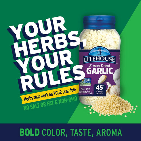 45 1.58 Oz, 6-Pack Litehouse Organic Freeze Dried Garlic - Substitute for Fresh & Minced Garlic, Jar Equal to Garlic