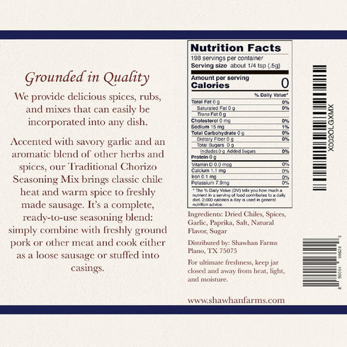 Shawhan Farms Traditional Chorizo Seasoning - Non-GMO - Naturally Gluten Free - Great for Mild Sausage Seasoning - 3.5 Ounce Bottle