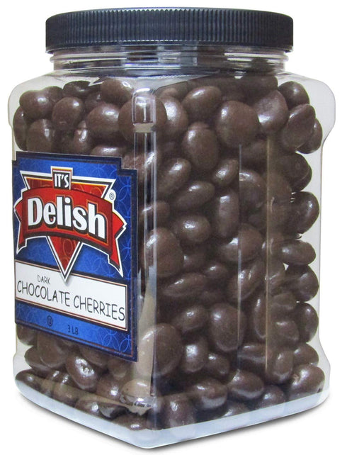 3 lb Gourmet Dark Chocolate Covered Cherries by It's Delish, Jumbo Reusable Container | Premium Dark Bittersweet