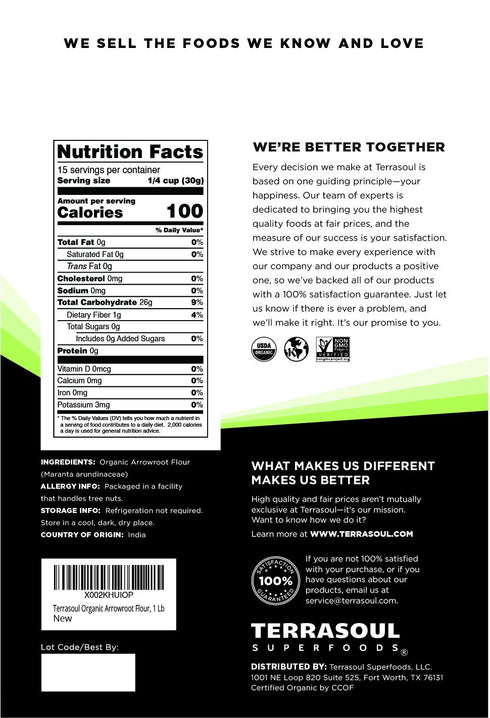 1 Lb Terrasoul Superfoods Organic Arrowroot Flour, - Gluten-free | Improves Texture for Keto Baking | Doesn't Alter