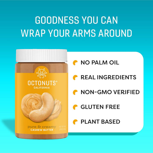 16 oz Octonuts Creamy Cashew Butter, Jar, No Added Salt, Sugar or Palm Oil - Single Ingredient Nut Spread - Gluten