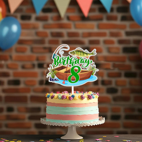 LIANGSS 8th (8th) Adorable Fishing Boat Birthday Cake Topper Boys Girls Bass Fish Decorations, Little Angler Party