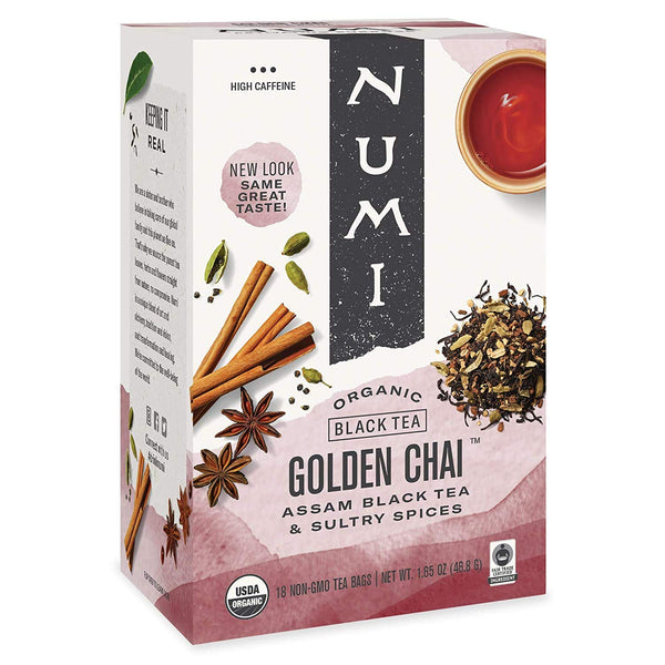 Numi Organic Golden Chai Tea, 18 Tea Bags (Pack of 3), Assam