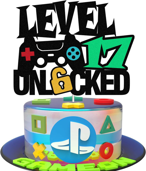 Level 17th Unlocked Sign Cake Topper - Happy 17th Birthday Decorations for Video Game Themed Party Supplies