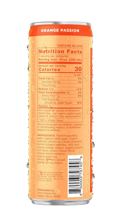 (12oz 12-Pack 120mg CLEAN Cause Orange Passion Sparkling Pick-Me-Up with Prebiotics & Collagen Peptides cans, Case) Low