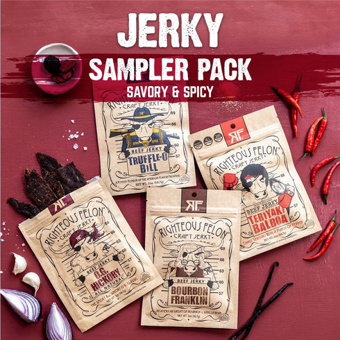 Righteous Felon Beef Jerky - All-Natural Locally Sourced & Dried Low-Sugar Healthy Snacks (Sampler Pack)