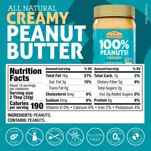 100% Pack (1 Pack 2) Crazy Richard's All-Natural Vegan Creamy & Crunchy Peanuty Butter with No Added Sugar and Non-GMO