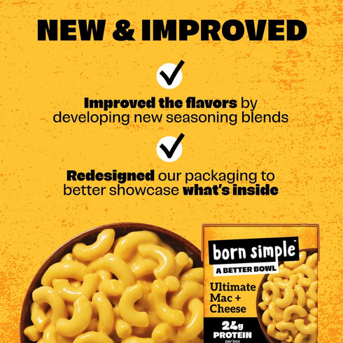 24g 11 oz (Pack 6) Born Simple Ready to Eat Meals with Sporks, Ultimate Mac and Cheese, Improved Recipe - Protein
