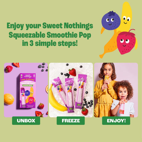 Pack 24 Sweet Nothings, Banana Berry, USDA Organic Kids' Squeezable Fruit Smoothie Popsicle Pops, Value of - Dye-Free
