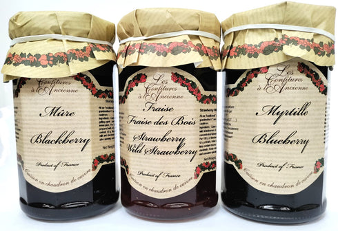 Les Confitures la Ancienne Artisanal French Jams Berry Variety | Wild Blueberry, Wild Strawberry and Blackberry