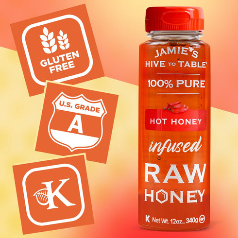 12 Oz 100% Jamie's Hive To Table Hot Honey, Natural Raw Honey Infused with Hot Pepper Gluten-Free, Non-GMO Spicy Kick