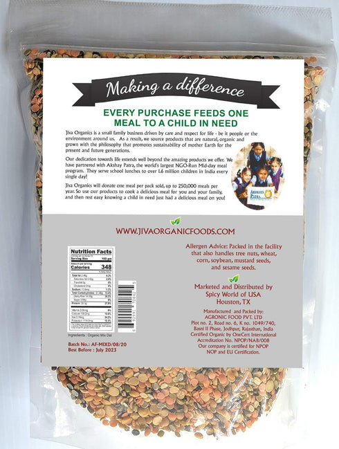 2LB 32oz Jiva Organic Mixed Dal (Mixed Lentils) Bag