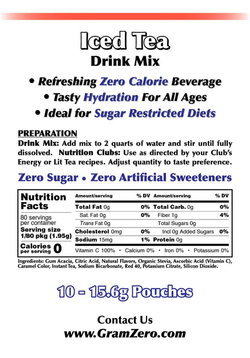 GramZero Sugar Free Iced Tea Drink Mix, Pitcher Pack - Zero Calorie, Stevia Sweetened