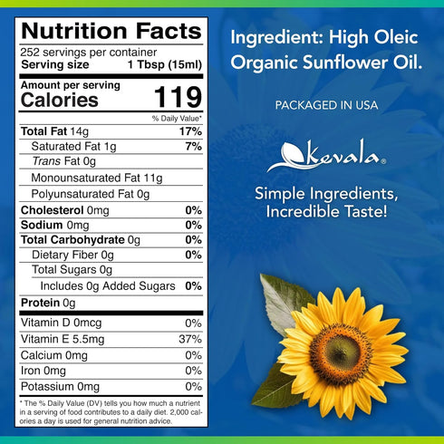 128 oz, 1 Kevala Organic Sunflower Oil - Oil Rich in Vitamin E for Cooking and Body Care, Great Ingredient for a Salad