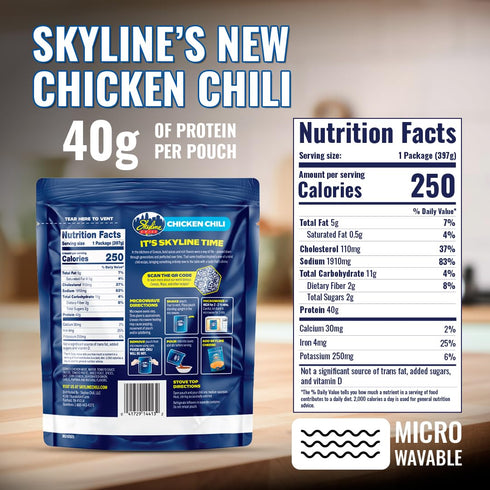 14 oz Pack 8 Skyline Chili Chicken Chili Authentic Cincinnati-Style Recipe in Microwavable Pouches Perfect for Cheese