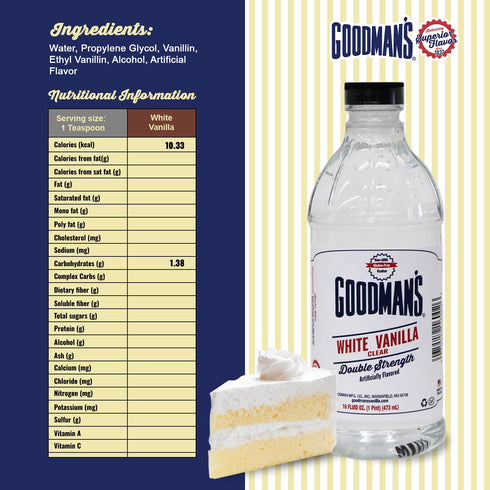 Goodman's White Vanilla Clear Double Strength Artificial Flavor - Gluten-Free, Non-GMO, Kosher, Low Carb & Low Calorie - Vanilla Flavor Ideal for Baking, Cooking, and More - No Sugar (16oz Bottle)