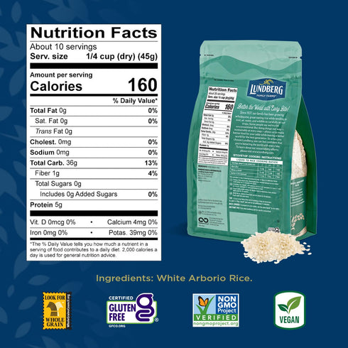 32 Oz Lundberg White Arborio Rice Short-Grain, Creamy Texture for Risotto