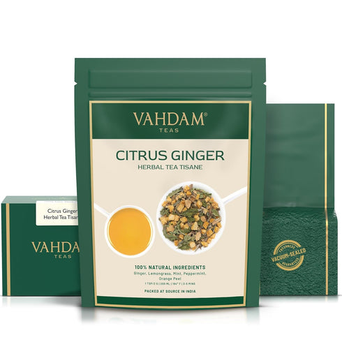 VAHDAM Citrus Ginger Herbal Tea Tisane (50 Cups, 3.53 oz) Gluten Free, Non GMO | Ginger, Lemongrass, Mint