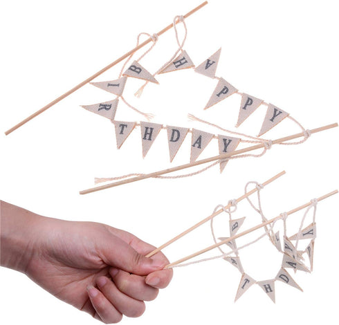 LOCOLO Happy Birthday Cake Toppers, Ivory Cake Topper with Wooden Sticks for Party Decoration Supplies