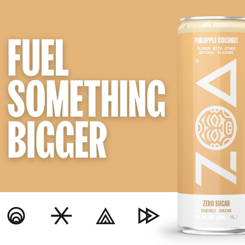 12 (Pack 12) ZOA Zero Sugar Energy Drinks - Pineapple Coconut | Healthy Energy Formula with Natural Caffeine, Daily