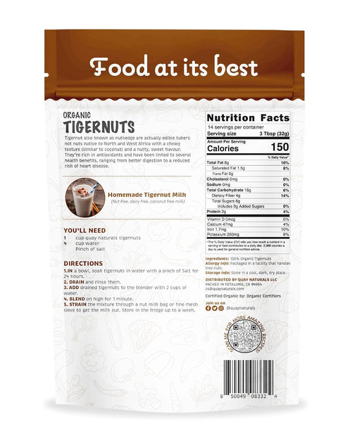 16 oz, Quay Naturals Organic Tigernuts Raw, for Snacking, Baking, Smoothies, Yogurt & Salad - Chufa Nuts - High Fiber