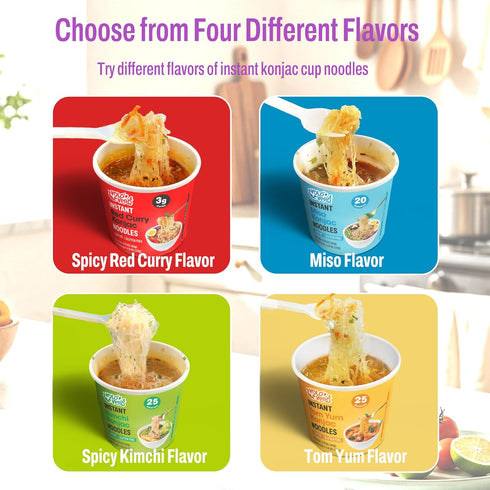 Pack 6 Packs, VOLO VERO Konjac Noodle Variety - Tom Yum, Miso, "Spicy" Kimchi, Red Curry, Gluten Free, Vegan, Low Carb