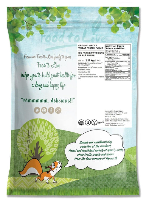 5 Food to Live - Organic Whole Wheat Pastry Flour, Pounds - Non-GMO, Finely Ground, Unbleached, Unbromated, Vegan