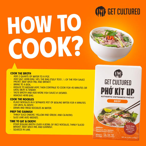 8.9 oz (3 Get Cultured Box Beef Pho Kit Authentic Vietnamese Pho Broth Base With Spice Bag, Rice Noodles, Fish Sauce