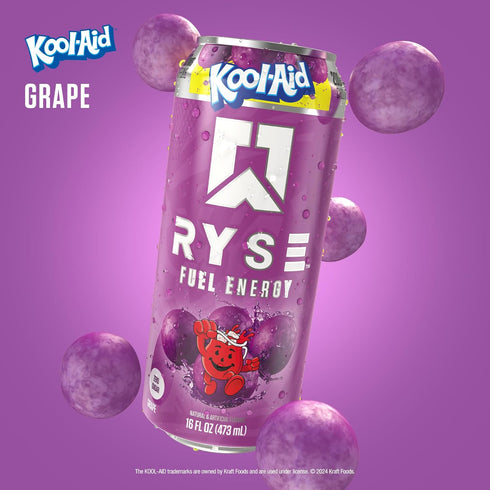 200mg 16 oz (12-Pack) RYSE Fuel Energy Drink - Kool-Aid Grape - Sugar Free, Gluten Free & Vegan - Natural Caffeine