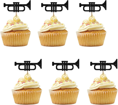 PINKAAJ Set of 24 Trumpet Cupcake Toppers for Music Theme Birthday, Black Glitter