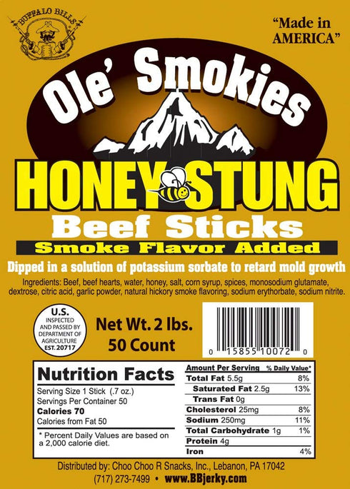 2 lbs 6" (50 Buffalo Bills Honey Stung Ole' Smokies Saddlebag beef sticks per saddlebag)