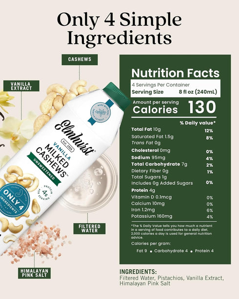 1925 32 (Pack 6) Elmhurst Vanilla Cashew Milk Unsweetened - Ounce of Dairy-Free, Vegan, Kosher, Shelf Stable Milk Made
