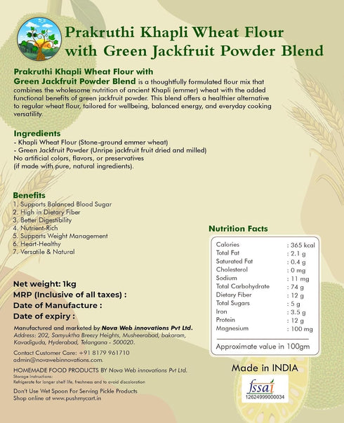 Prakruthi 1kg, 2.2 lb Organic Khapli Wheat & Green Jackfruit Flour Blend | Encient Grains and Fiber Rich |